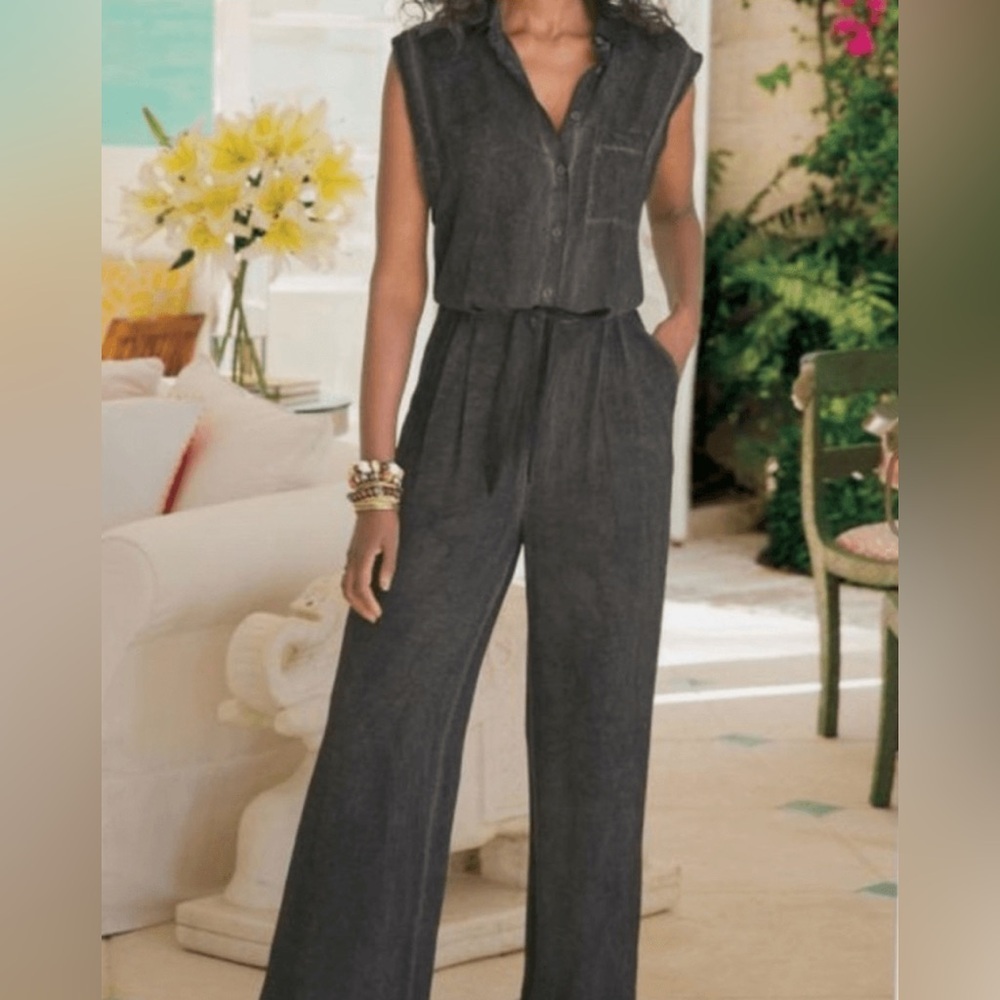 Soft Surroundings Camilla Jumpsuit Front Tie Button Grey Wide Leg Relaxed Med - Picture 5 of 12